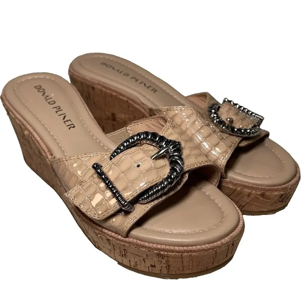Donald Pliner Womens Size 7M Nude Croc Embossed Silver Buckle Cork Wedge Sandals